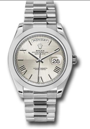 Replica Rolex 950 Platinum Day-Date 40 Watch 228206 Smooth Bezel Silver Quadrant Motif Bevelled Roman Dial President Bracelet